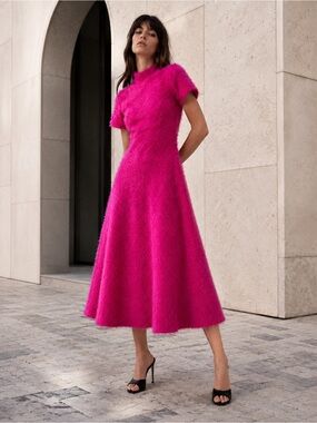 Toit Volant NWOT Mercury Mia Hot Pink Feathered Open Back Midi Dress, Size S